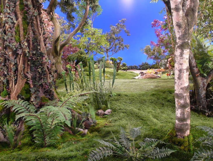 We spent six months creating this TV set which measured 135m x 41.5m and was built entirely using artificial foliage, plants and grass. The set incorporated 30 trees from 6m to 14m tall and 22,500 sprigs of artificial foliage were attached. The set also incorporated 1,000 tonnes of soil, 300 tonnes of stone boulders and slabs, and 1,300 square metres of artificial grass. 